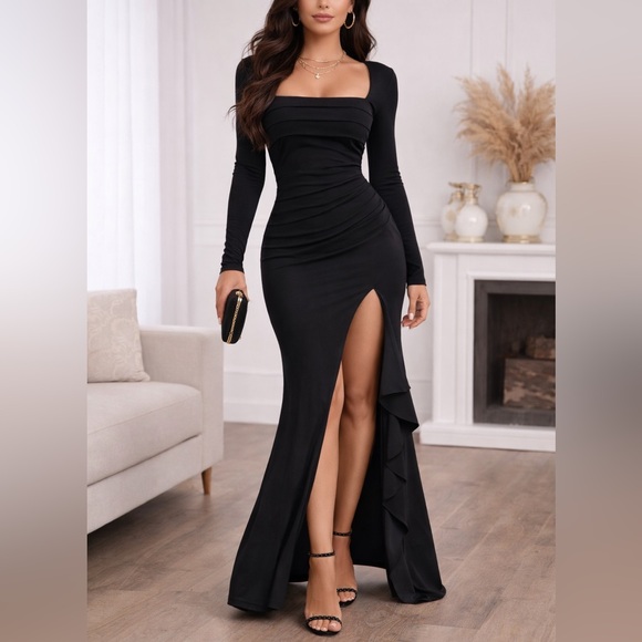 Dresses & Skirts - Elegant Black Long Sleeve Square Neck Evening Dress